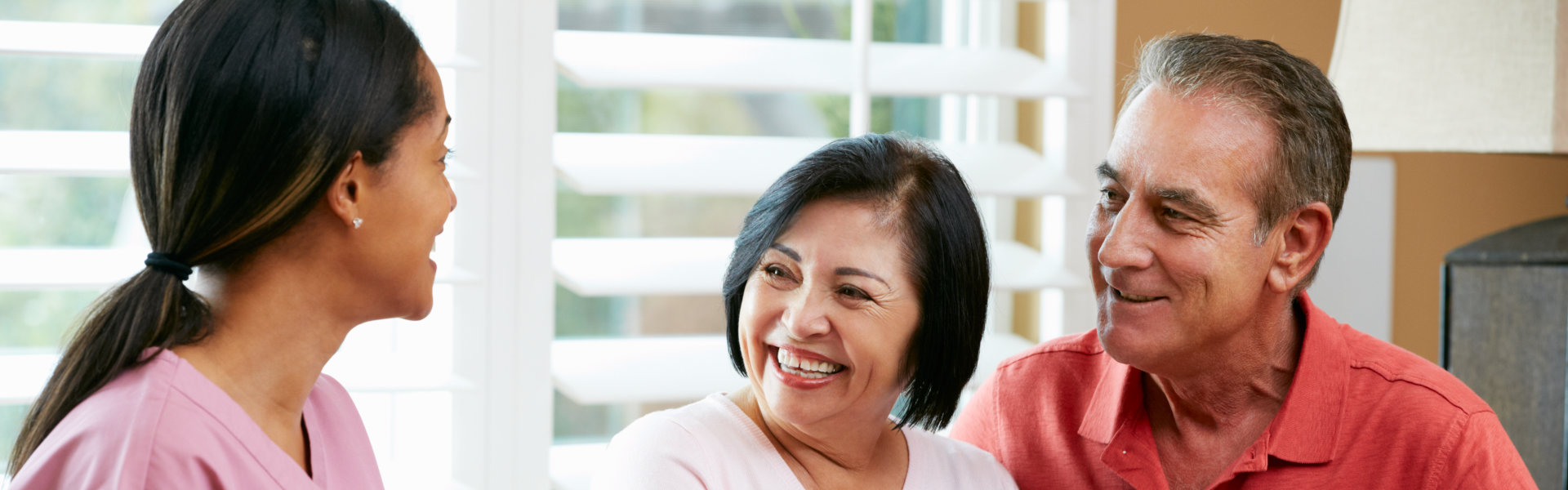 Nurse Making Notes During Home Visit With Senior Couple Smiling